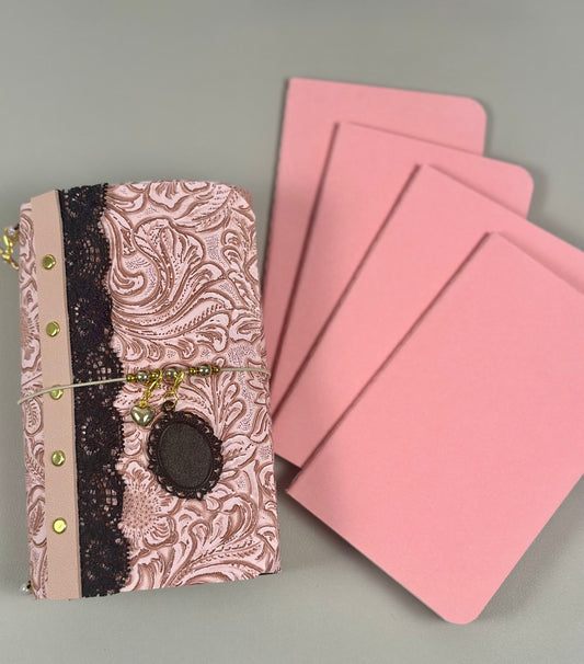 A6 Mini / Passport Size Pink and Black Trifold Journal
